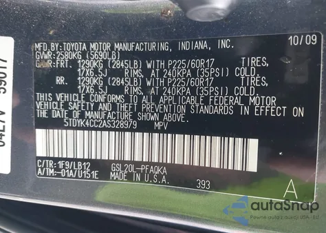 2010 Toyota Sienna Xle z USA, uszkodzony, nr VIN 5TDYK4CC2AS328979